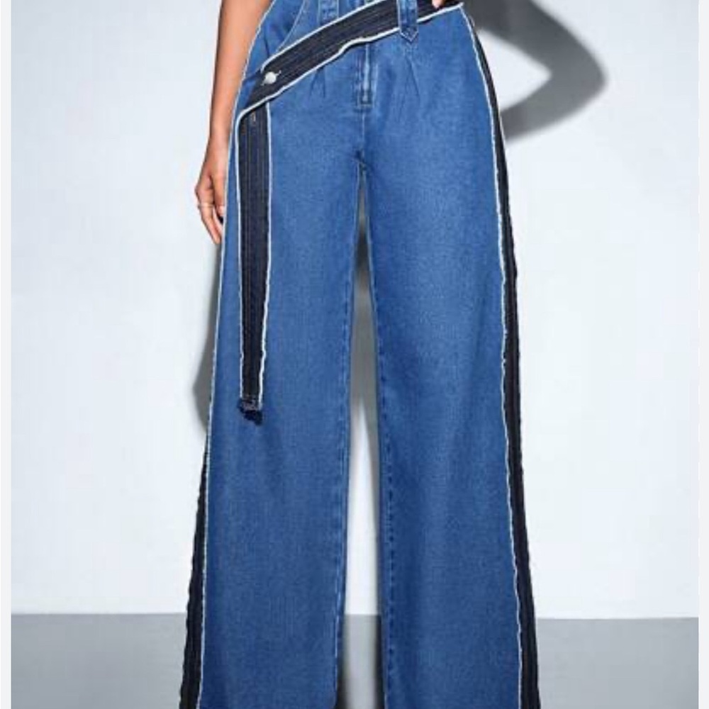Women's Blue and Black Wide-Leg Jeans